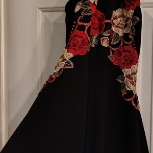 Elegant Black Dress with Red Floral Embroidery